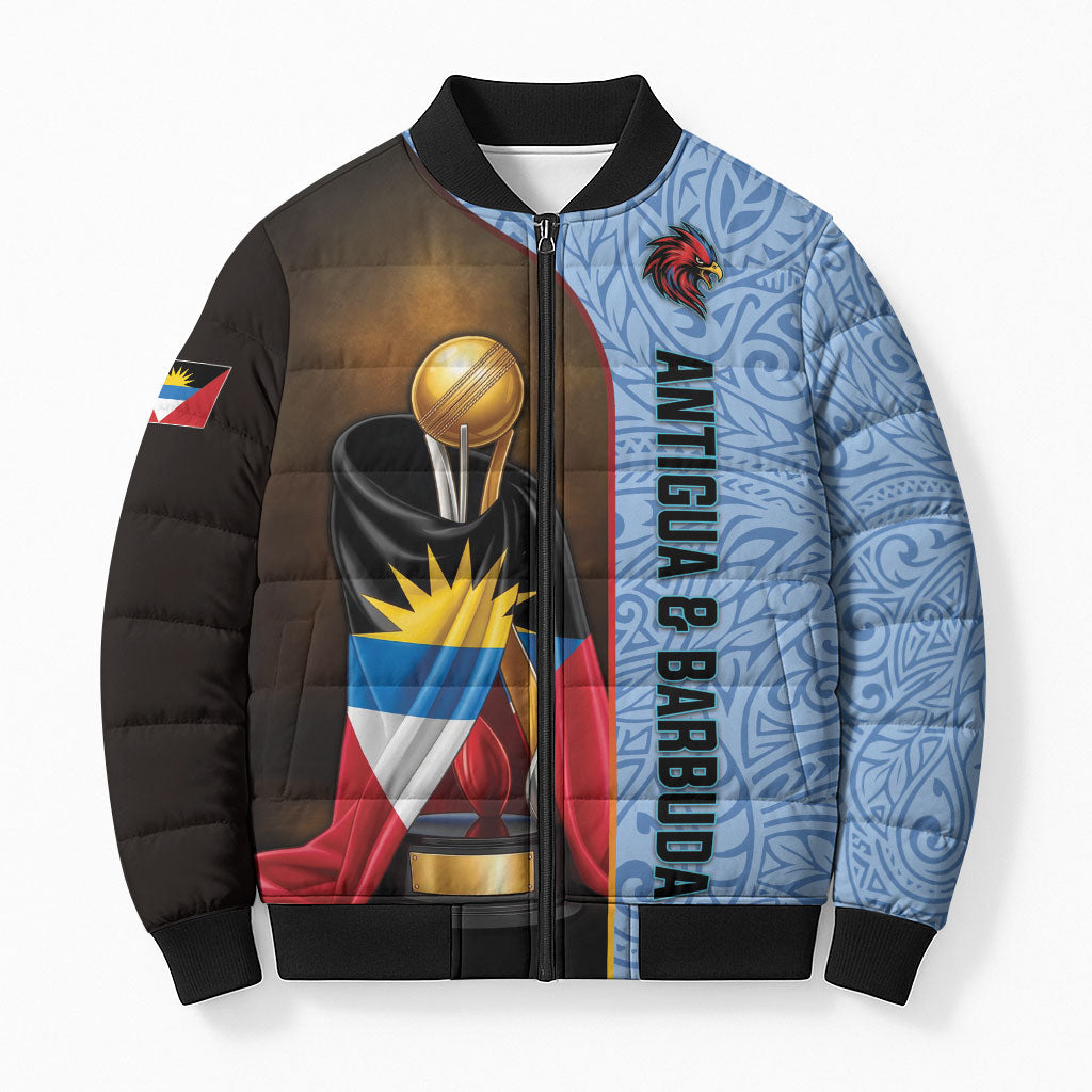 Personalized Antigua and Barbuda Cricket 2026 Bomber Puffer Jacket Falcons First-Time Champions Trophy Blue Edition