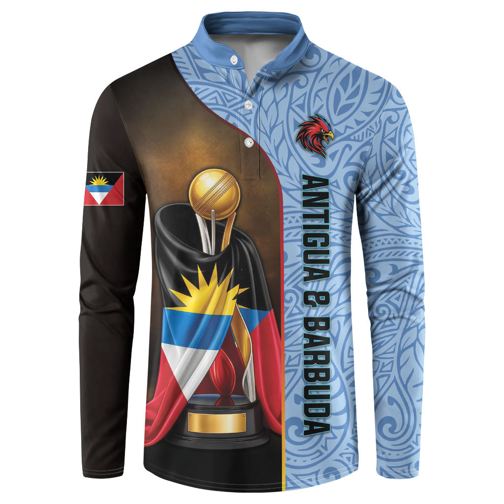 Personalized Antigua and Barbuda Cricket 2026 Button Sweatshirt Falcons First-Time Champions Trophy Blue Edition