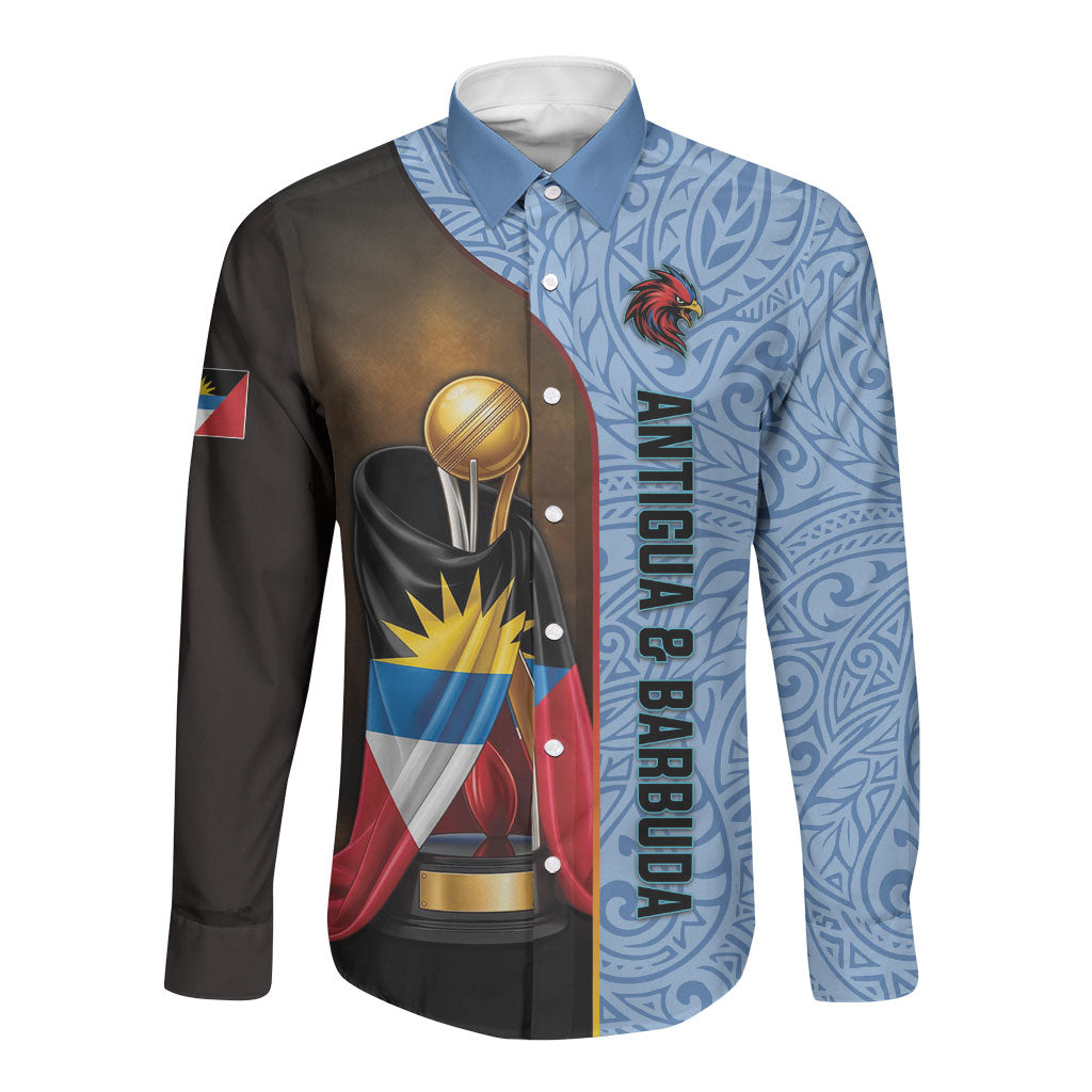 Personalized Antigua and Barbuda Cricket 2026 Long Sleeve Button Shirt Falcons First-Time Champions Trophy Blue Edition