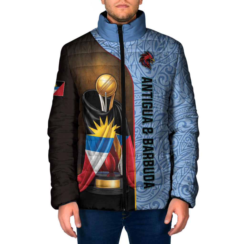 Personalized Antigua and Barbuda Cricket 2026 Padded Jacket Falcons First-Time Champions Trophy Blue Edition