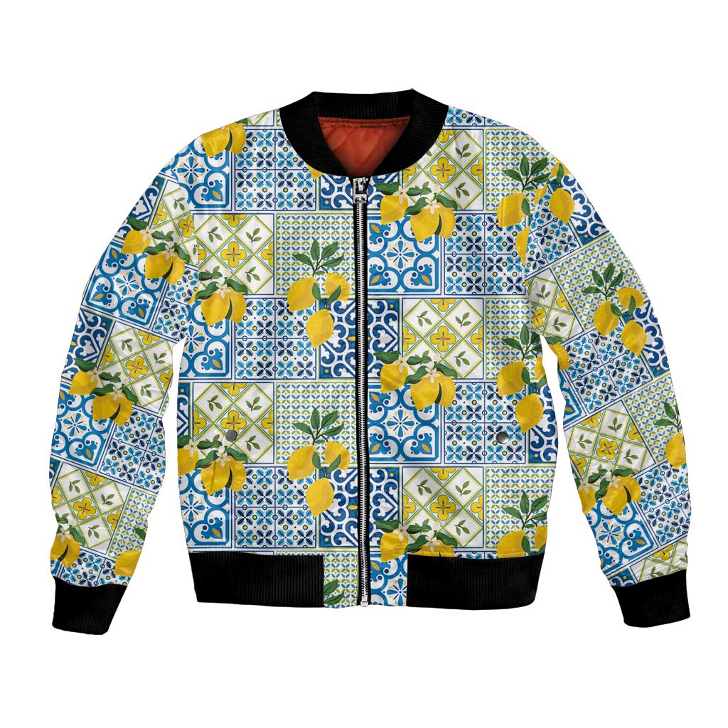 Sicily Italy Lemon Maiolica Bomber Jacket Sicilian Citrus Tile Mediterranean Art