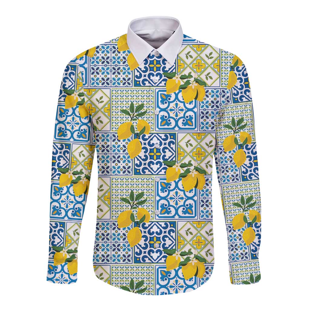 Sicily Italy Lemon Maiolica Long Sleeve Button Shirt Sicilian Citrus Tile Mediterranean Art