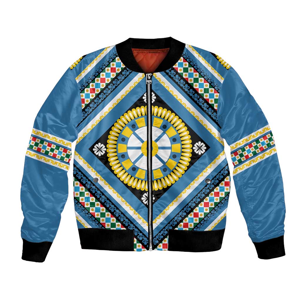 Sicily Italy Carretto Siciliano Bomber Jacket Azure Sicilian Cart Wheel Pattern