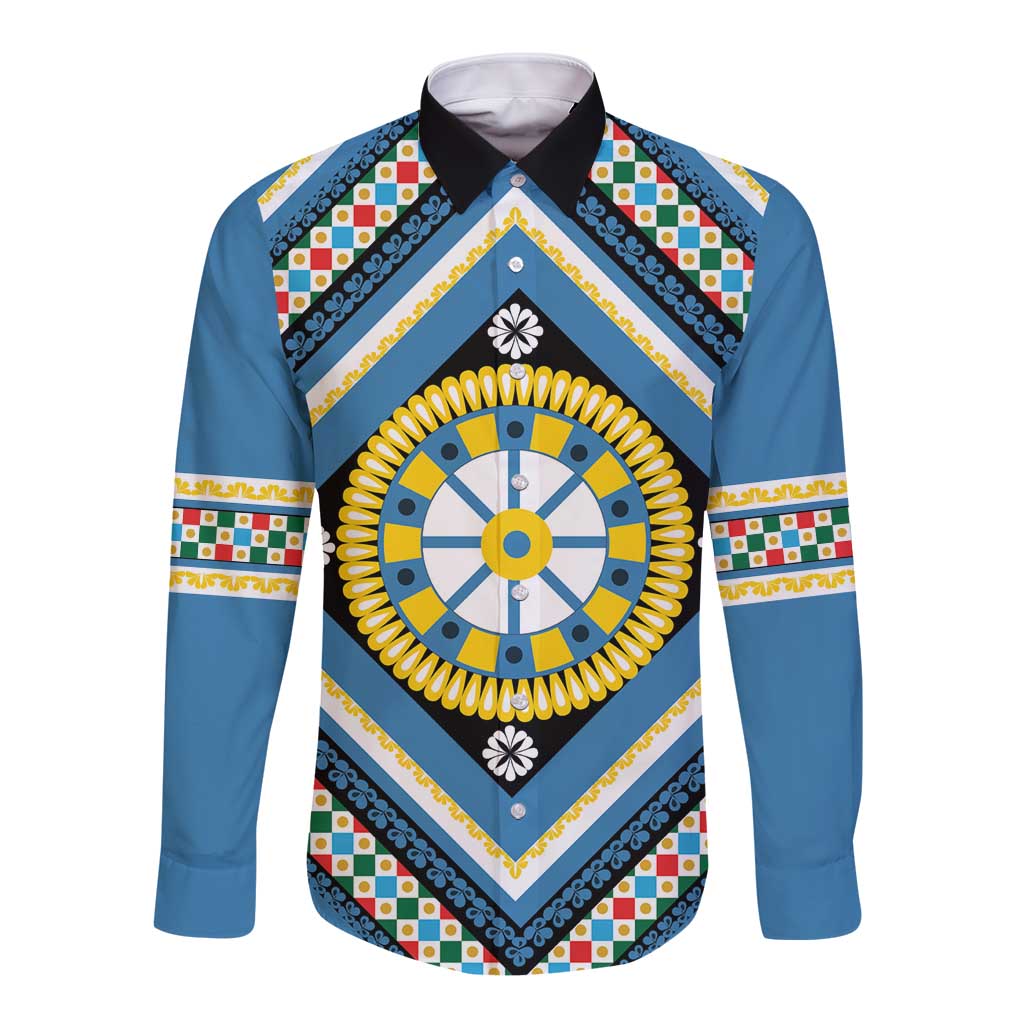 Sicily Italy Carretto Siciliano Long Sleeve Button Shirt Azure Sicilian Cart Wheel Pattern