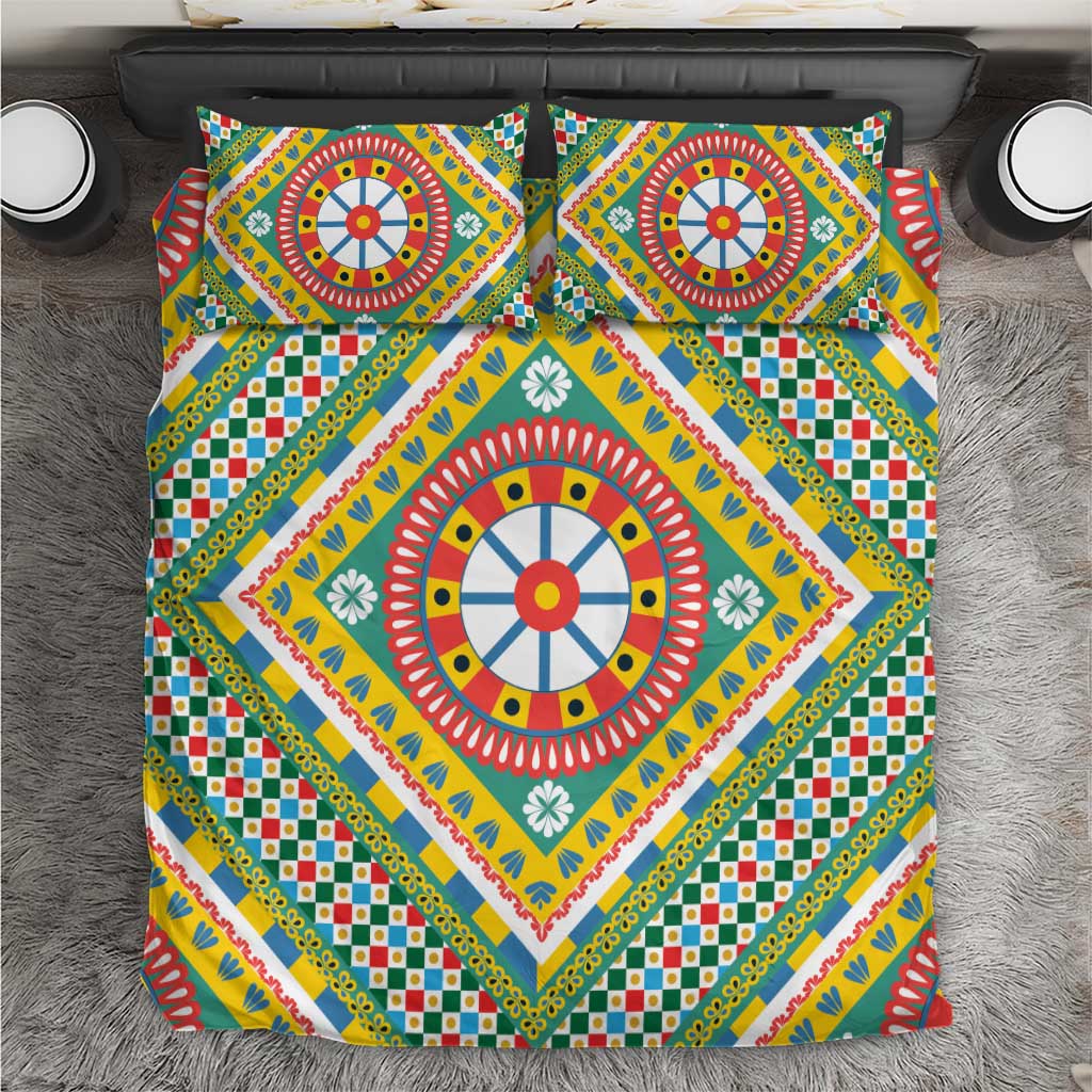 Sicily Italy Carretto Siciliano Bedding Set Green Sicilian Cart Wheel Pattern