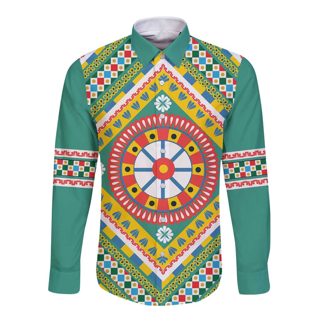 Sicily Italy Carretto Siciliano Long Sleeve Button Shirt Green Sicilian Cart Wheel Pattern