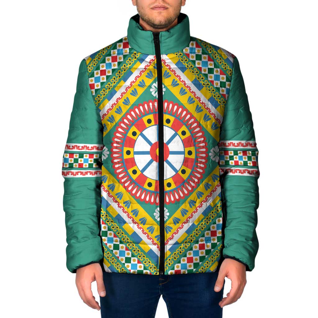 Sicily Italy Carretto Siciliano Padded Jacket Green Sicilian Cart Wheel Pattern