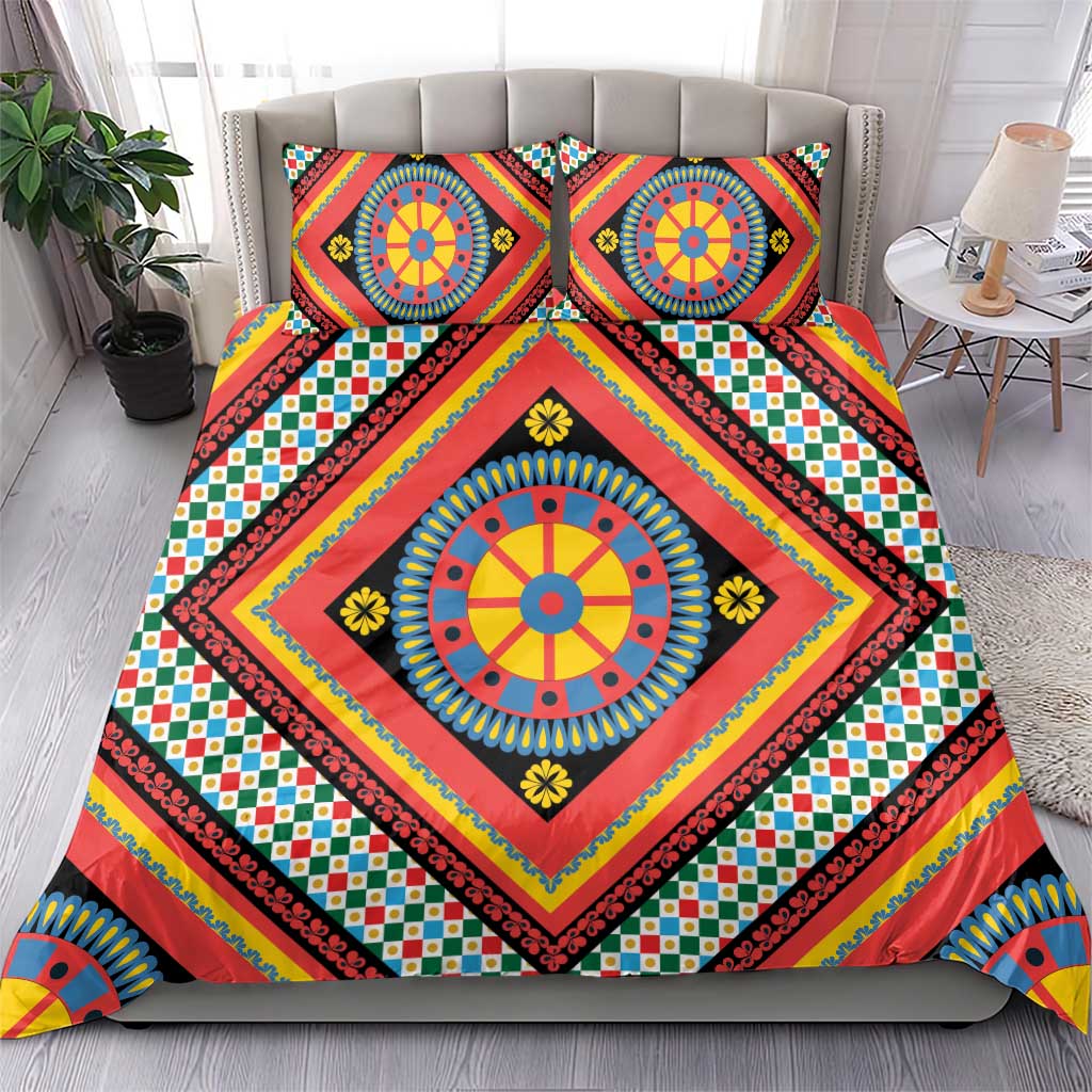 Sicily Italy Carretto Siciliano Bedding Set Red Sicilian Cart Wheel Pattern