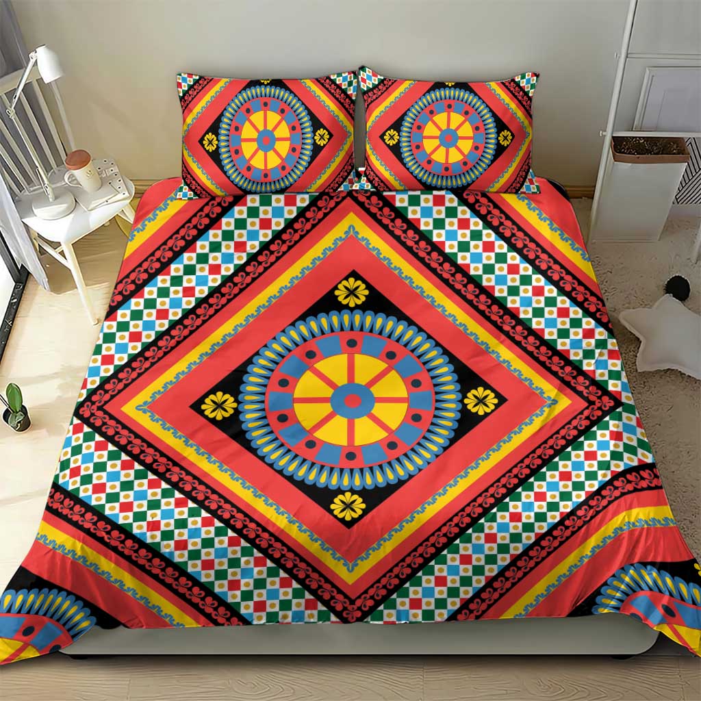 Sicily Italy Carretto Siciliano Bedding Set Red Sicilian Cart Wheel Pattern