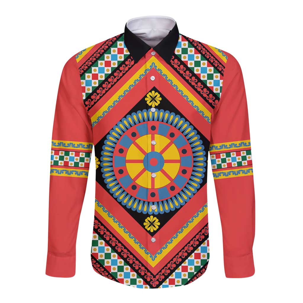 Sicily Italy Carretto Siciliano Long Sleeve Button Shirt Red Sicilian Cart Wheel Pattern