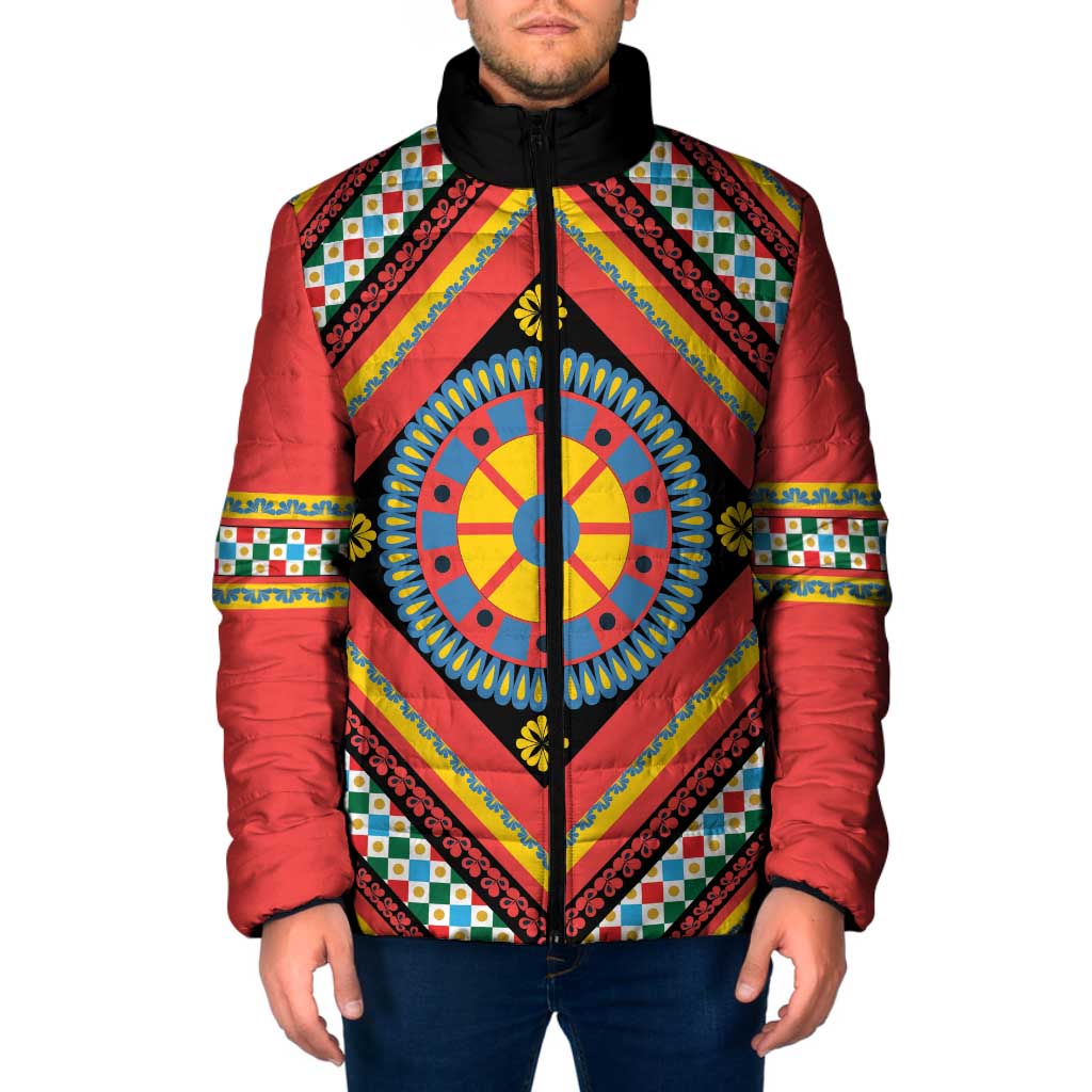 Sicily Italy Carretto Siciliano Padded Jacket Red Sicilian Cart Wheel Pattern