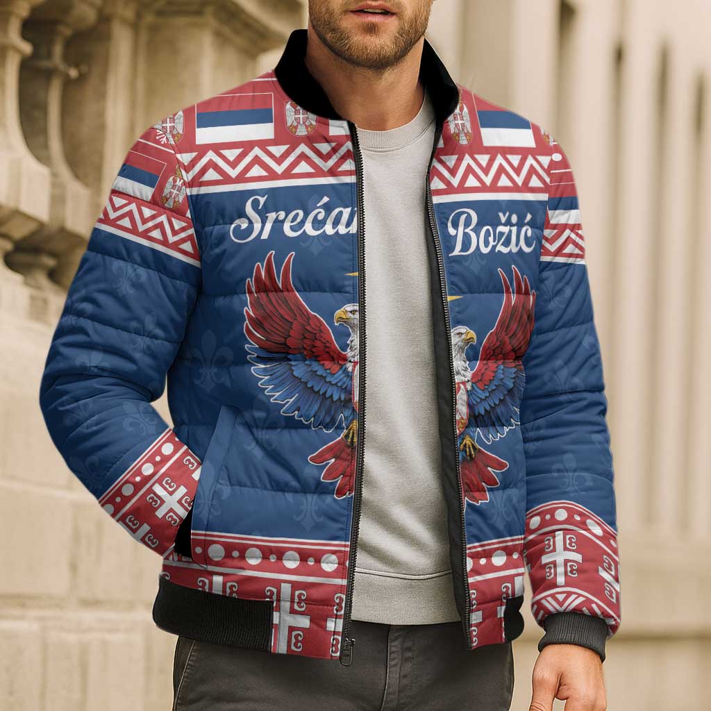 Personalized Serbia Christmas Eagle Bomber Puffer Jacket Srecan Bozic Tee - Wonder Print Shop