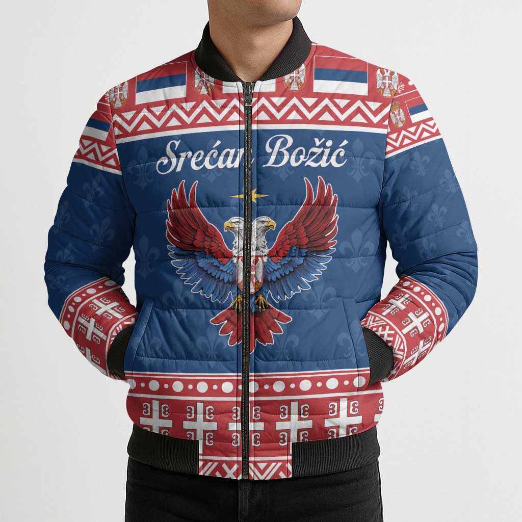 Personalized Serbia Christmas Eagle Bomber Puffer Jacket Srecan Bozic Tee - Wonder Print Shop