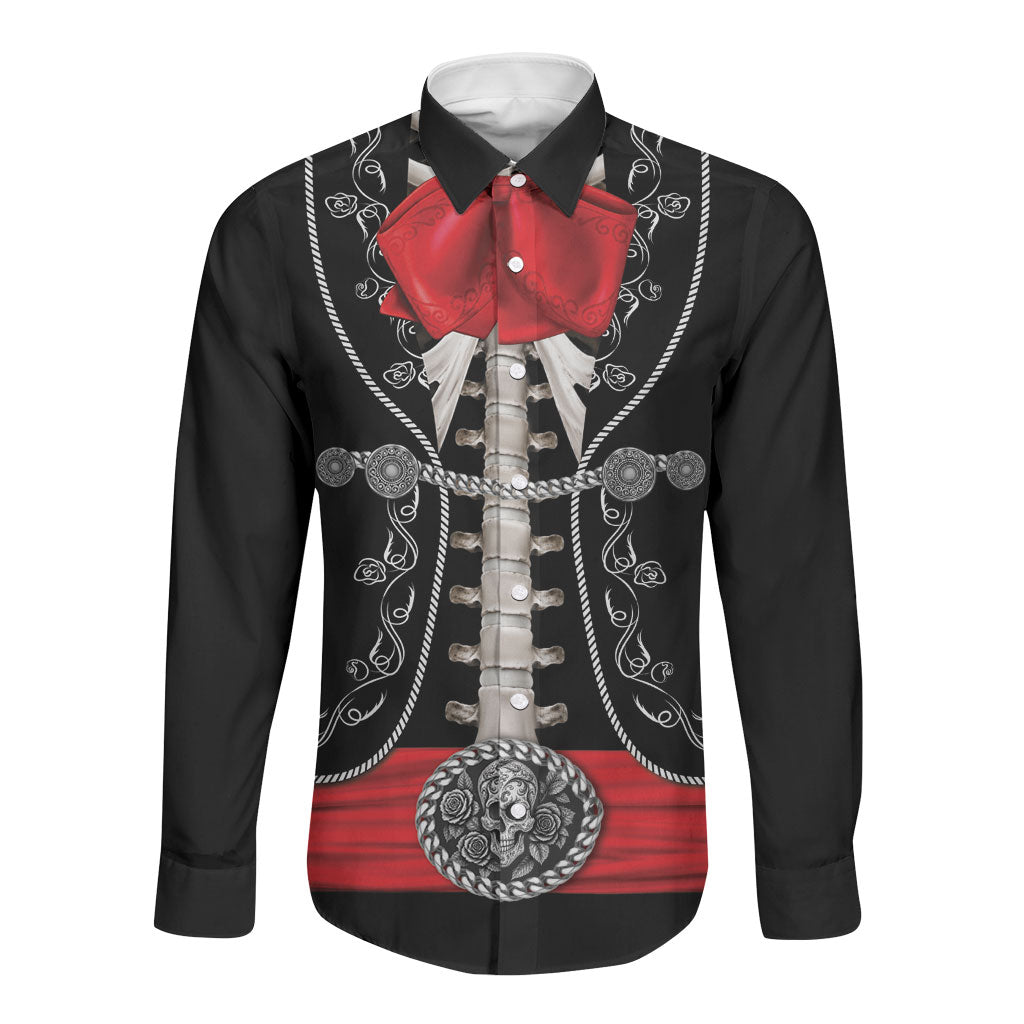 Mexico Dia de los Muertos Long Sleeve Button Shirt Mexican Mariachi Skeleton Style