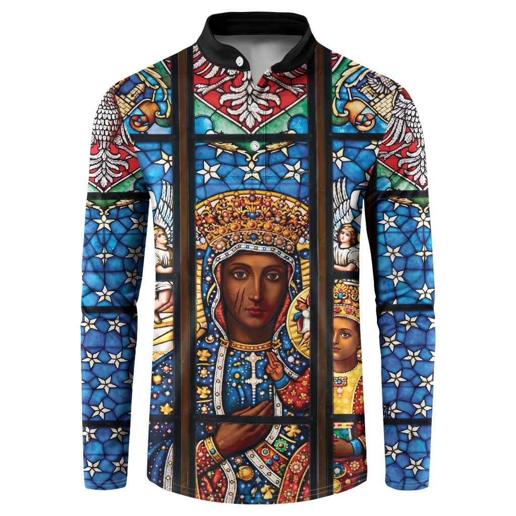 Polish Black Madonna of Czestochowa Button Sweatshirt Our Lady of Poland Stained Glass