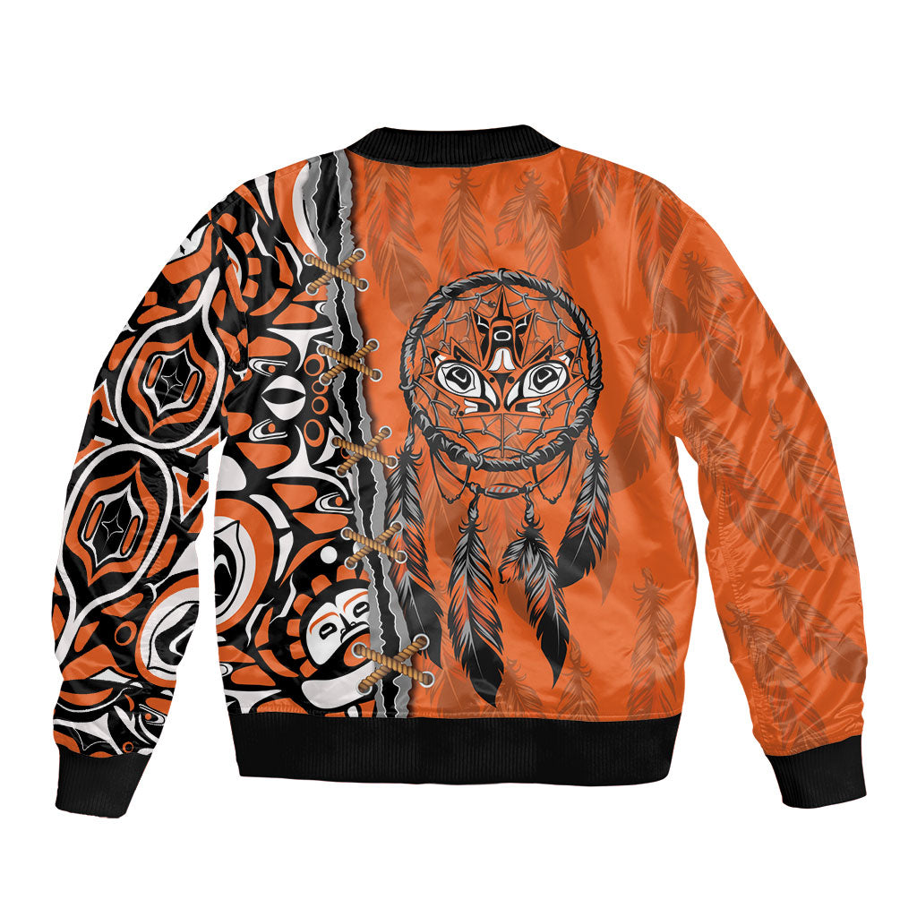Canada Indigenous Orange Shirt Day Bomber Jacket Haida Dreamcatcher Art