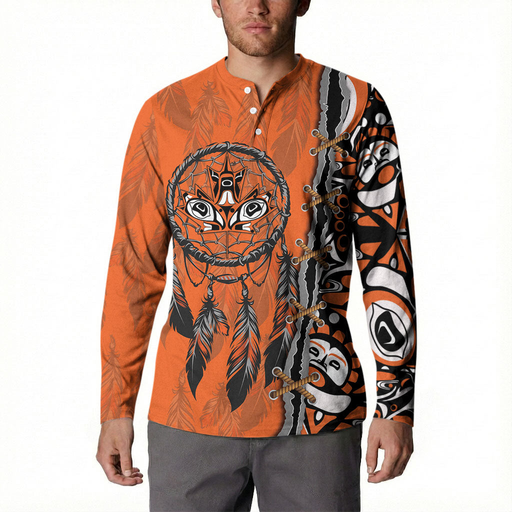 Canada Indigenous Orange Shirt Day Button Sweatshirt Haida Dreamcatcher Art