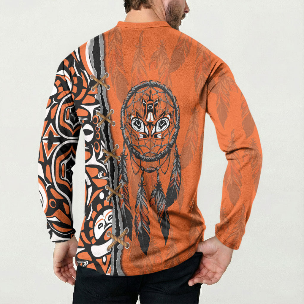 Canada Indigenous Orange Shirt Day Button Sweatshirt Haida Dreamcatcher Art