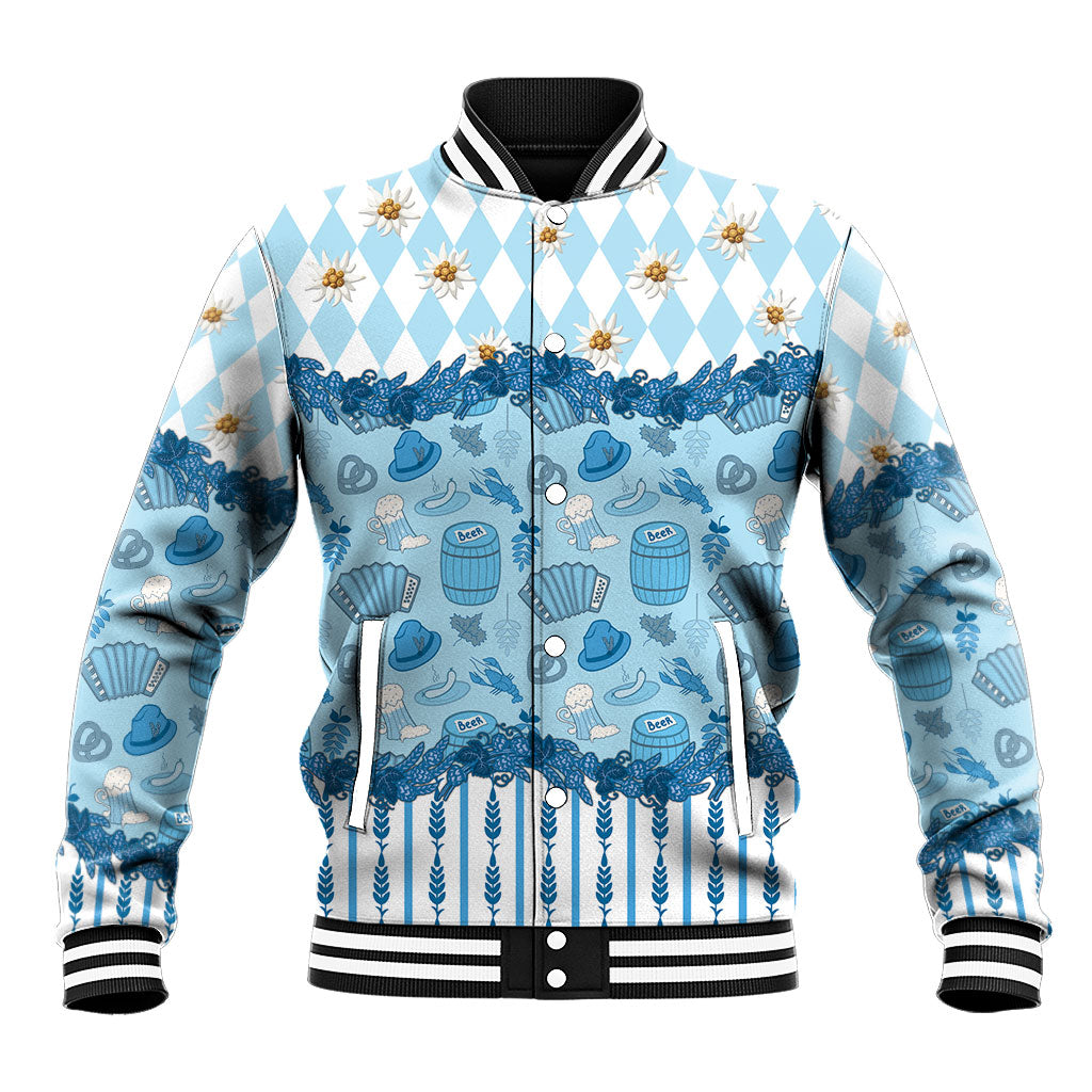 Oktoberfest Bavarian Heritage Baseball Jacket Edelweiss Beer Festival Blue Pattern