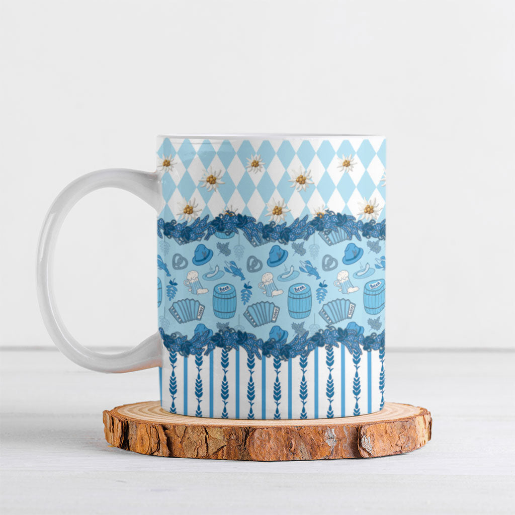 Oktoberfest Bavarian Heritage Ceramic Mug Edelweiss Beer Festival Blue Pattern
