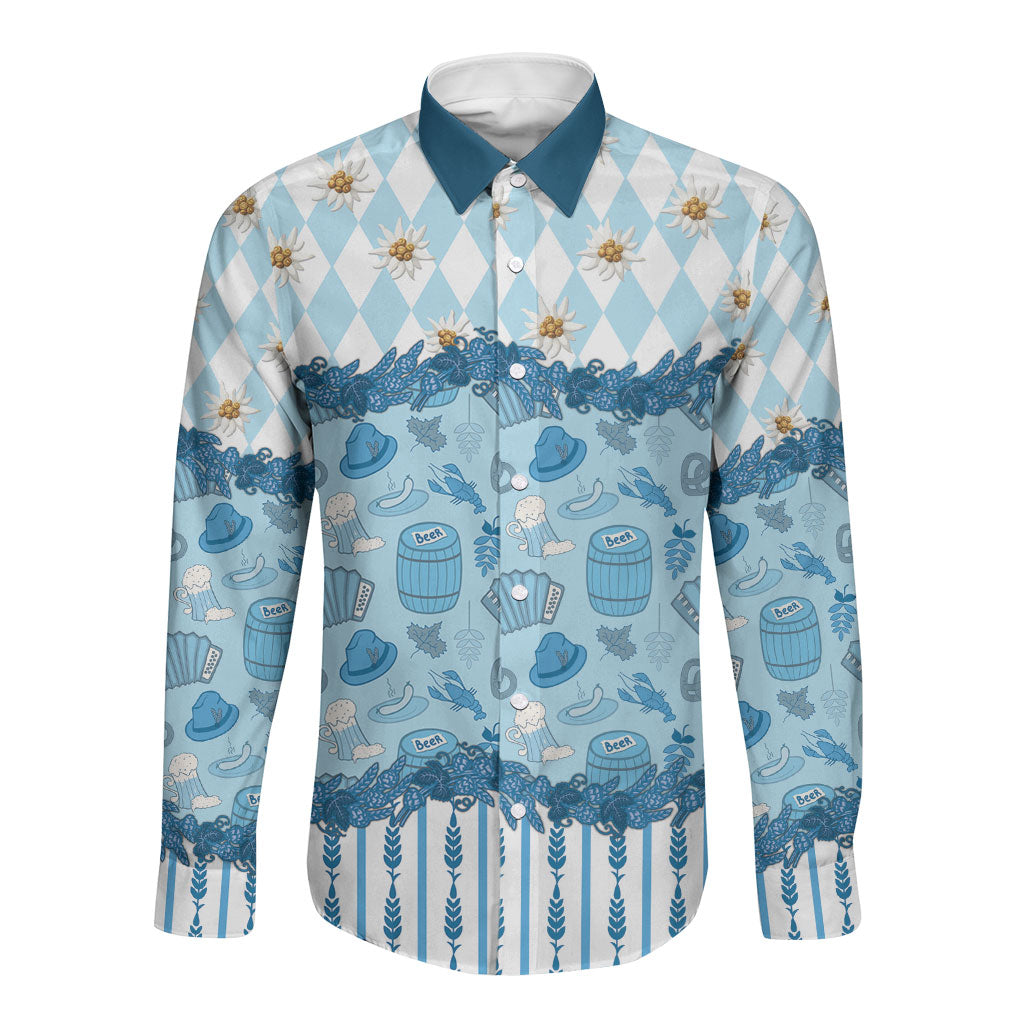 Oktoberfest Bavarian Heritage Long Sleeve Button Shirt Edelweiss Beer Festival Blue Pattern