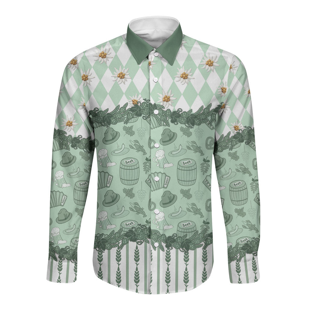 Oktoberfest Bavarian Heritage Long Sleeve Button Shirt Edelweiss Beer Festival Green Pattern