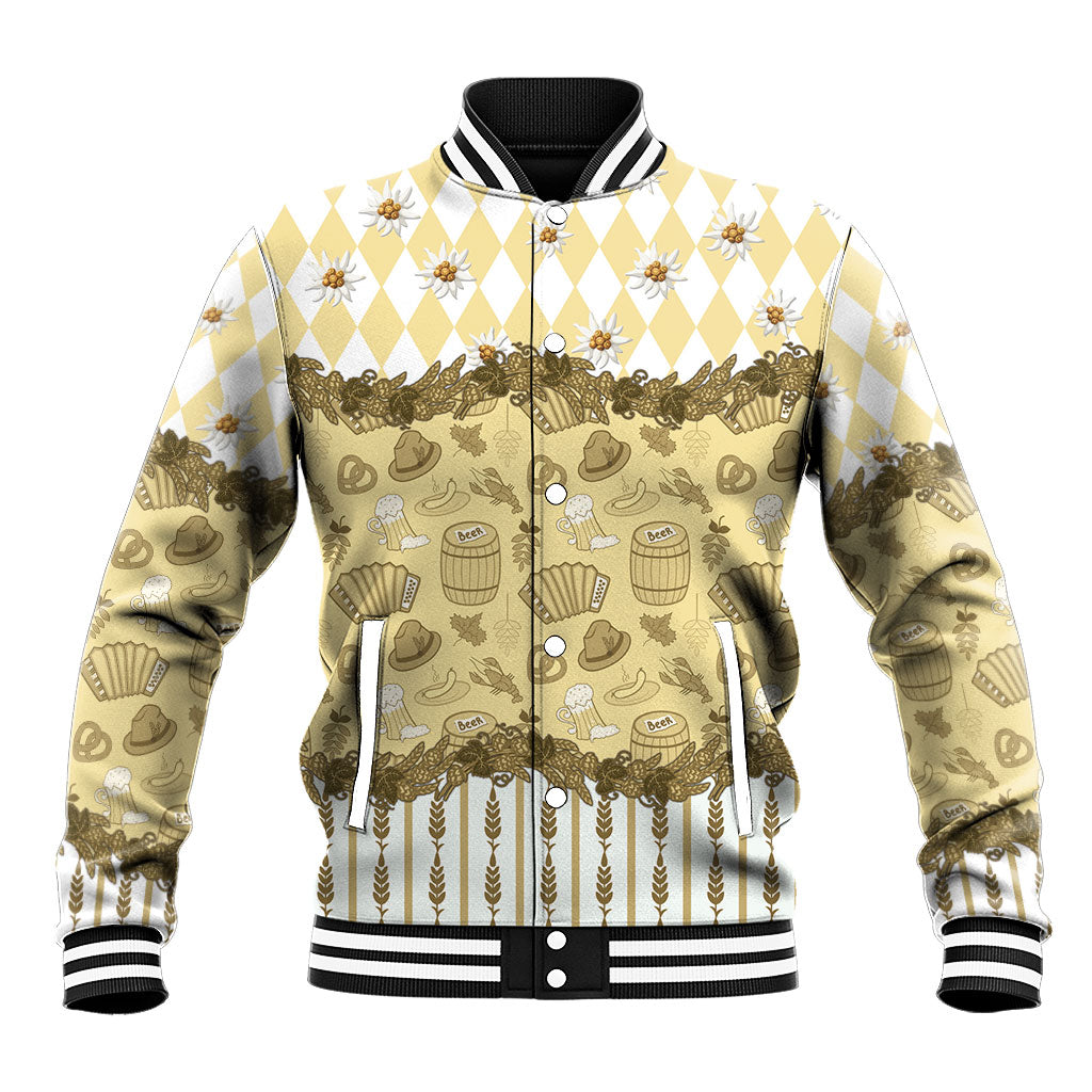 Oktoberfest Bavarian Heritage Baseball Jacket Edelweiss Beer Festival Gold Pattern
