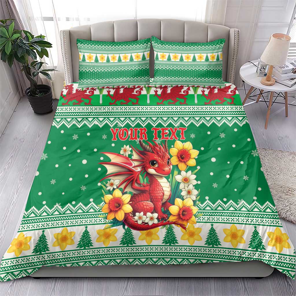Personalized Wales Christmas Bedding Set Cute Red Welsh Dragon and Daffodils - Wonder Print Shop