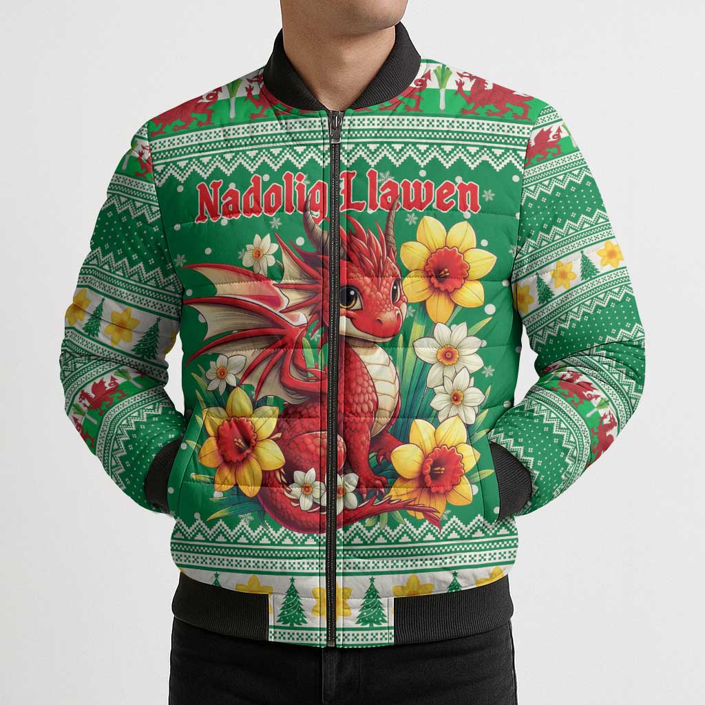 Personalized Wales Christmas Bomber Puffer Jacket Cute Red Welsh Dragon and Daffodils - Wonder Print Shop