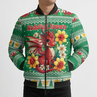 Personalized Wales Christmas Bomber Puffer Jacket Cute Red Welsh Dragon and Daffodils - Wonder Print Shop