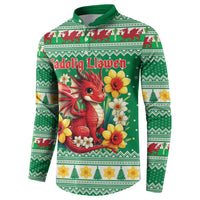 Personalized Wales Christmas Button Sweatshirt Cute Red Welsh Dragon and Daffodils - Wonder Print Shop