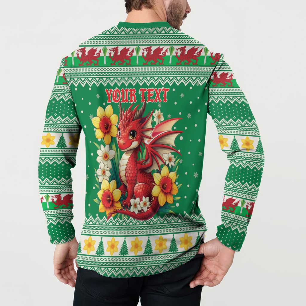 Personalized Wales Christmas Button Sweatshirt Cute Red Welsh Dragon and Daffodils - Wonder Print Shop