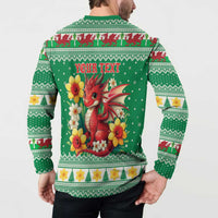 Personalized Wales Christmas Button Sweatshirt Cute Red Welsh Dragon and Daffodils - Wonder Print Shop