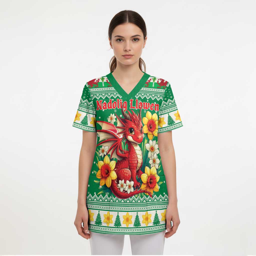Personalized Wales Christmas Scrub Top Cute Red Welsh Dragon and Daffodils - Wonder Print Shop