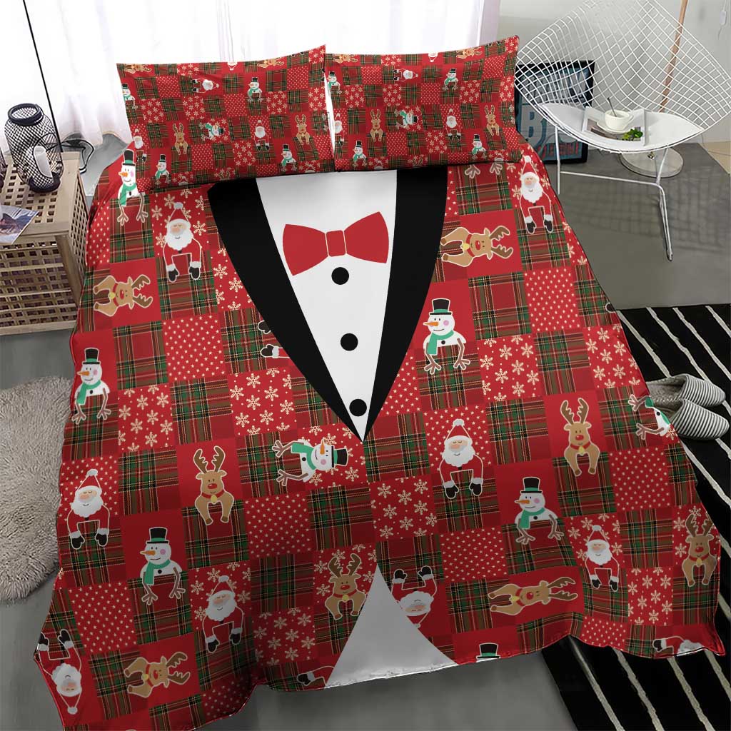 Christmas Patchwork Fake Tuxedo Bedding Set Santa and Reindeer Red Plaid Style - Wonder Print Shop
