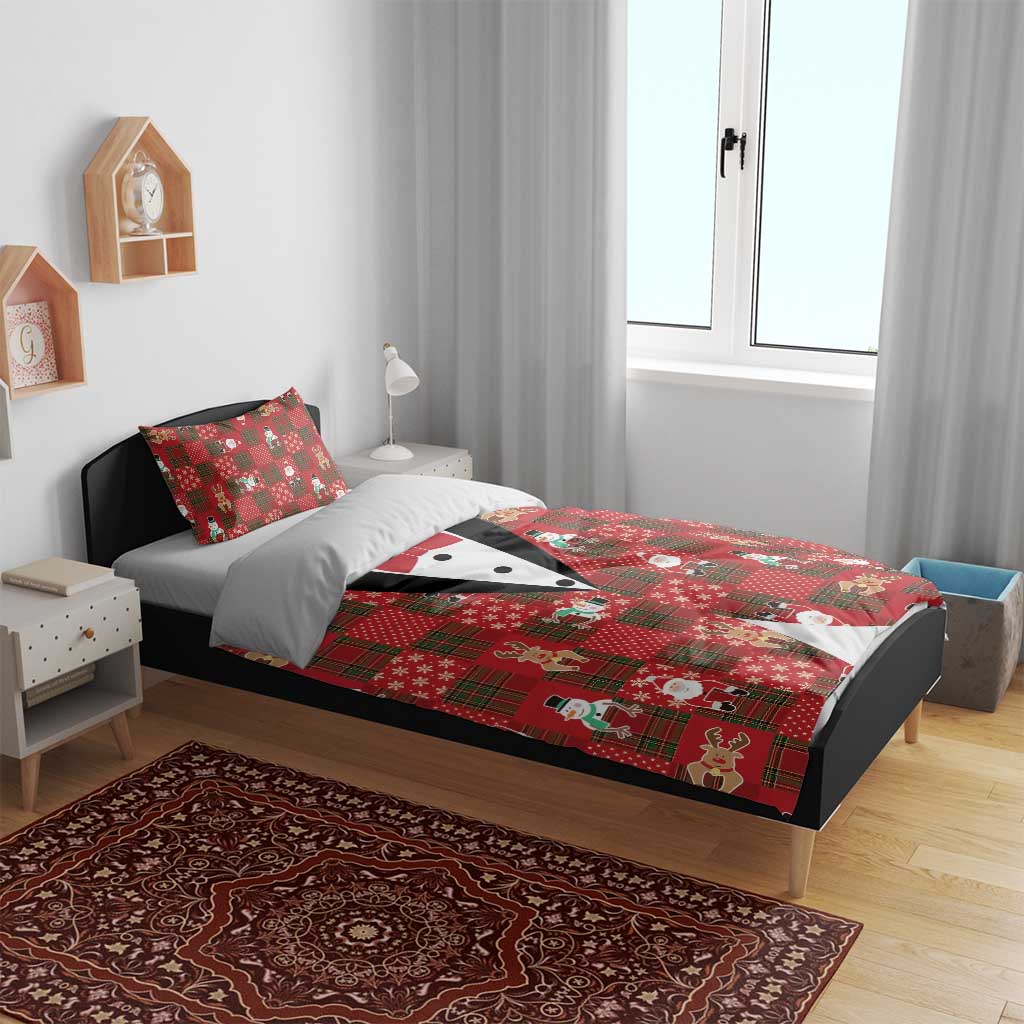 Christmas Patchwork Fake Tuxedo Bedding Set Santa and Reindeer Red Plaid Style - Wonder Print Shop