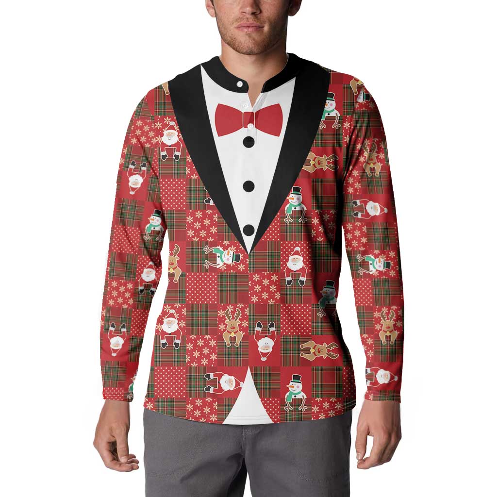 Christmas Patchwork Fake Tuxedo Button Sweatshirt Santa and Reindeer Red Plaid Style - Wonder Print Shop