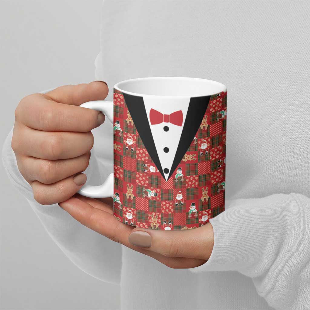 Christmas Patchwork Fake Tuxedo Ceramic Mug Santa and Reindeer Red Plaid Style - Wonder Print Shop