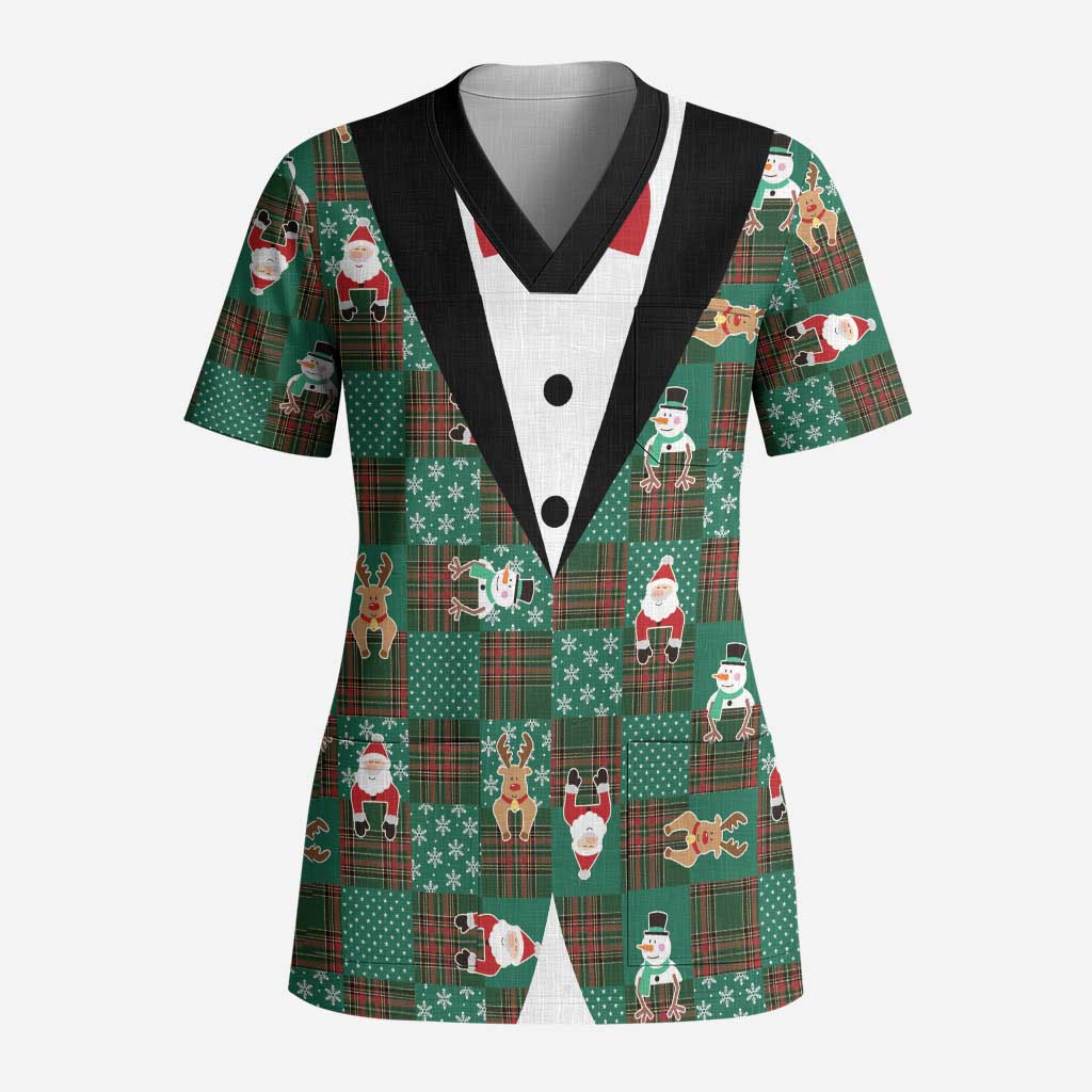 Christmas Patchwork Fake Tuxedo Scrub Top Santa and Reindeer Green Plaid Style - Wonder Print Shop