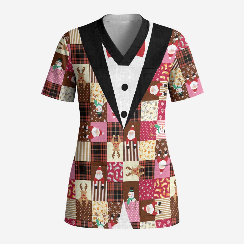 Christmas Patchwork Fake Tuxedo Scrub Top Santa and Reindeer Pink Plaid Style - Wonder Print Shop
