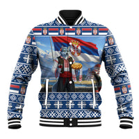 Blue baseball jacket with wolf mascot print, Serbia flag graphic, ribbed collar and cuffs.