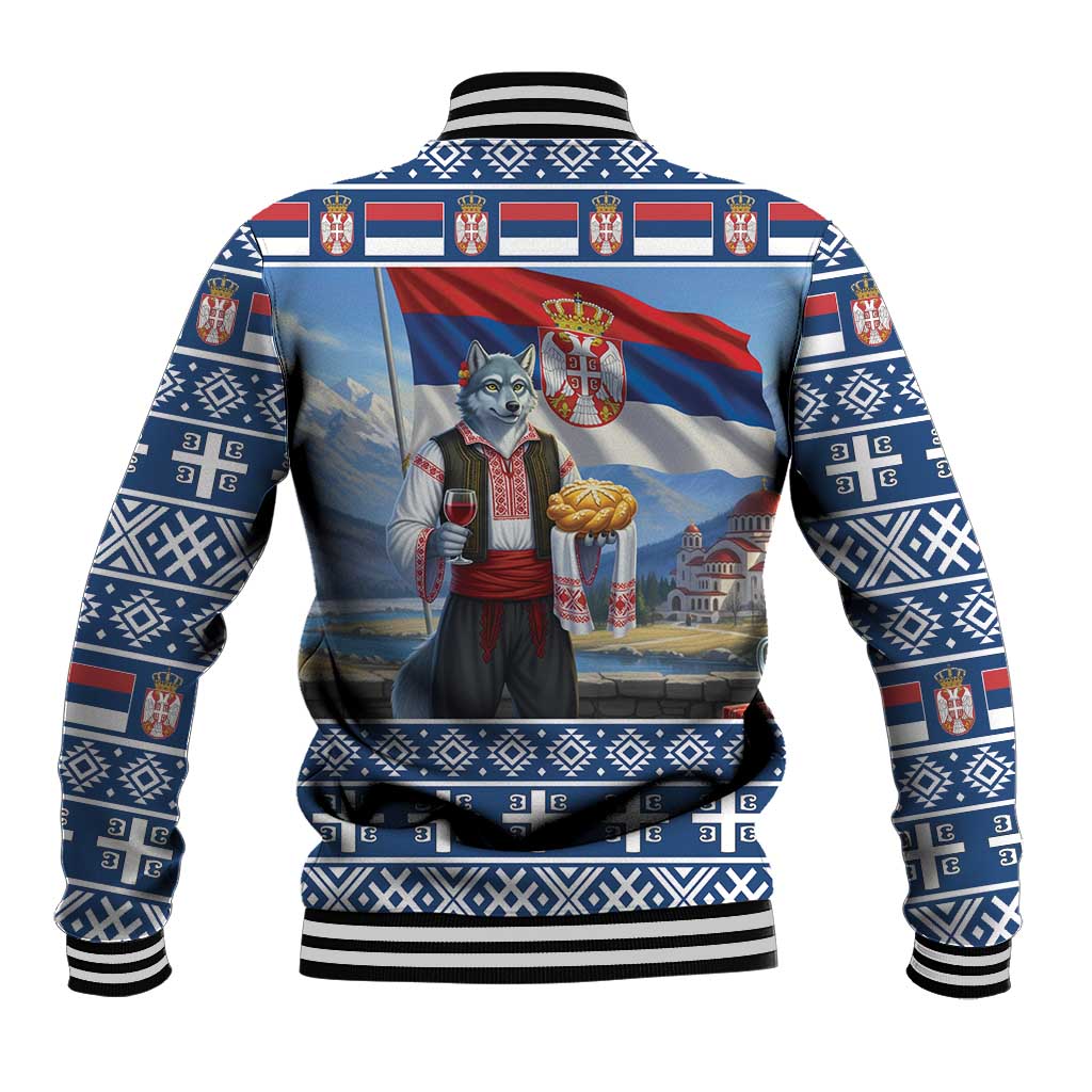 Blue baseball jacket back with wolf mascot and Serbia flag graphic, ribbed hem and cuffs.