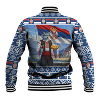 Blue baseball jacket back with wolf mascot and Serbia flag graphic, ribbed hem and cuffs.