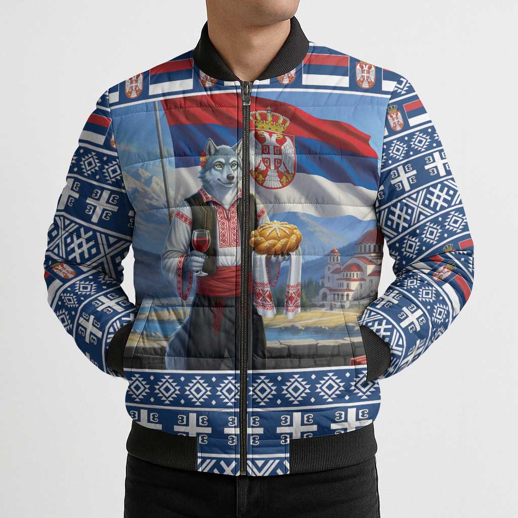 Serbia Christmas Wolf Bomber Puffer Jacket Vuk Serbian Mascot - Wonder Print Shop