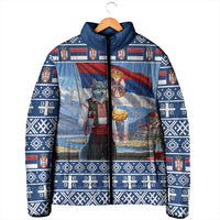 Blue hooded puffer jacket, full-zip, Serbian wolf mascot graphic with decorative border