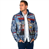 Blue padded hooded jacket, full-zip, wolf-and-flag print with patterned cuffs and hem