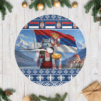 Round blue Christmas tree skirt with Serbian flag wolf graphic and white fringe edge