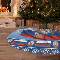 Blue round tree skirt with Serbian flag and wolf mascot print