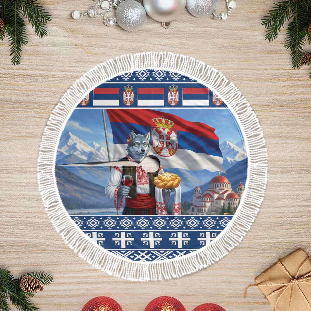 Round blue tree skirt with Serbian flag wolf artwork and white tassel fringe border