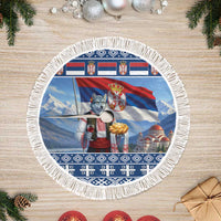 Round blue tree skirt with Serbian flag wolf artwork and white tassel fringe border